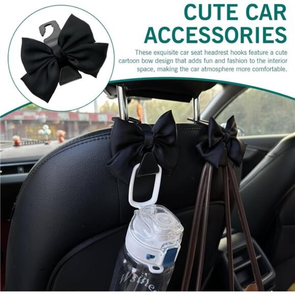 2PCS Black Bow Car Seat Headrest Hooks, Car Purse Hook for Car - Picture 7 of 7